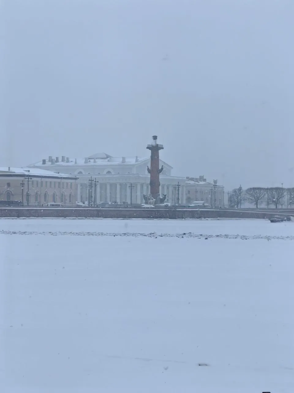 Изогнутый фонарь и падающий снег